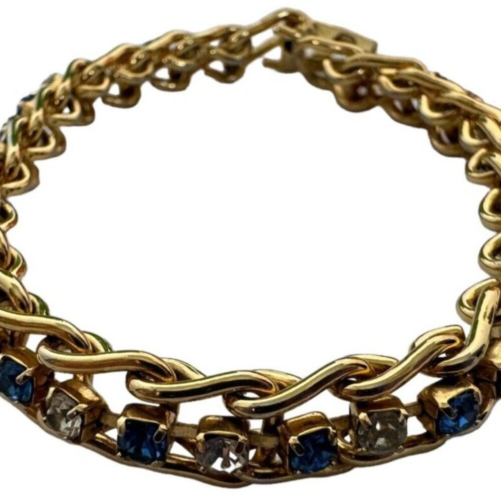 Blue White Rhinestones Tennis Bracelet Gold-Tone Fashion Jewelry - Picture 2 of 10